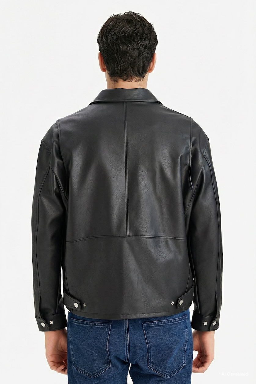 HOMME Noir Veste oversize zippée en similicuir à col chemise