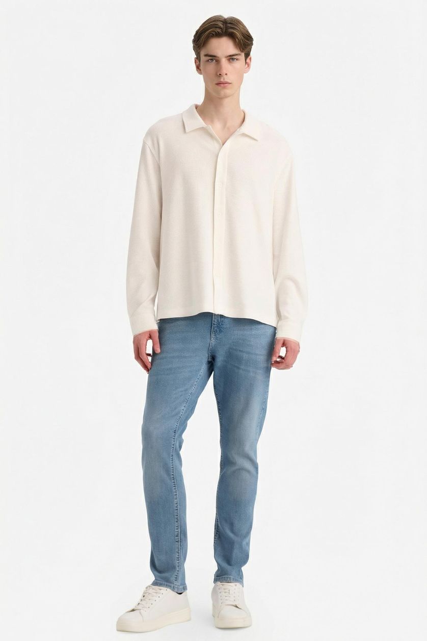 MAN Ecru Boxy Fit Polo Collar Long Sleeve Shirt