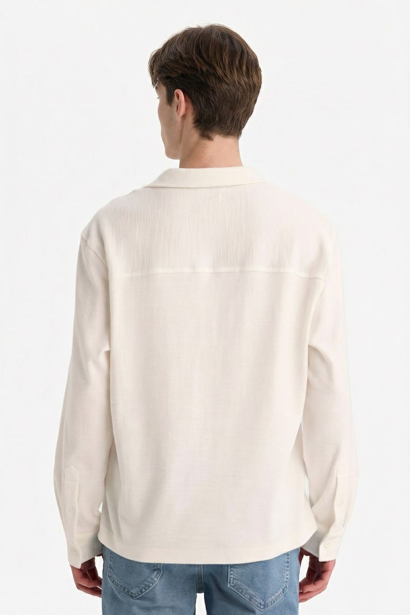 MAN Ecru Boxy Fit Polo Collar Long Sleeve Shirt