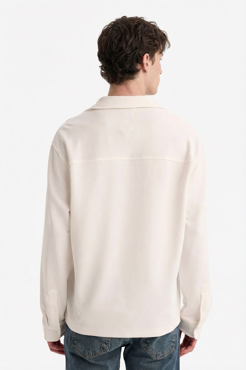 MAN Ecru Boxy Fit Polo Collar Cotton Long Sleeve Shirt