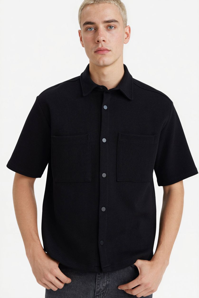 MAN Black Boxy Fit Polo Collar Pique Short Sleeve Shirt