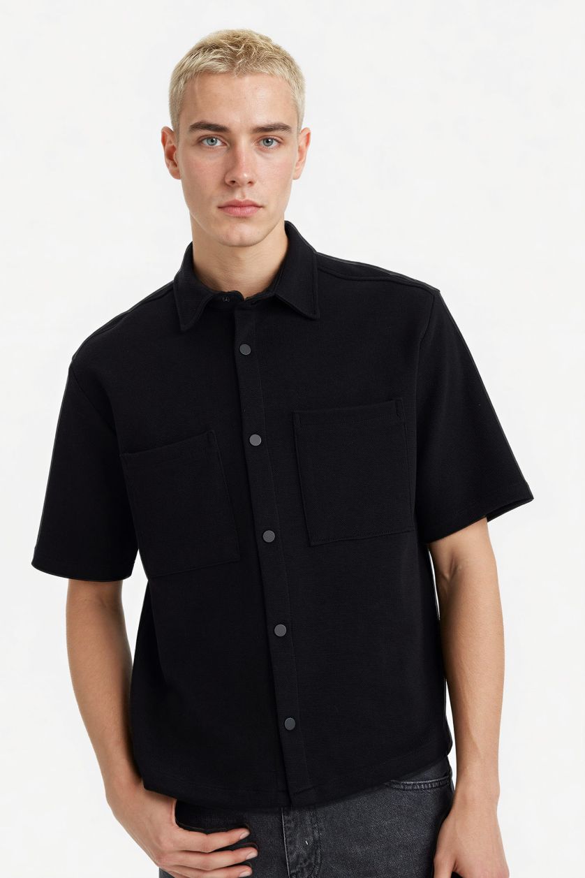 MAN Black Boxy Fit Polo Collar Pique Short Sleeve Shirt