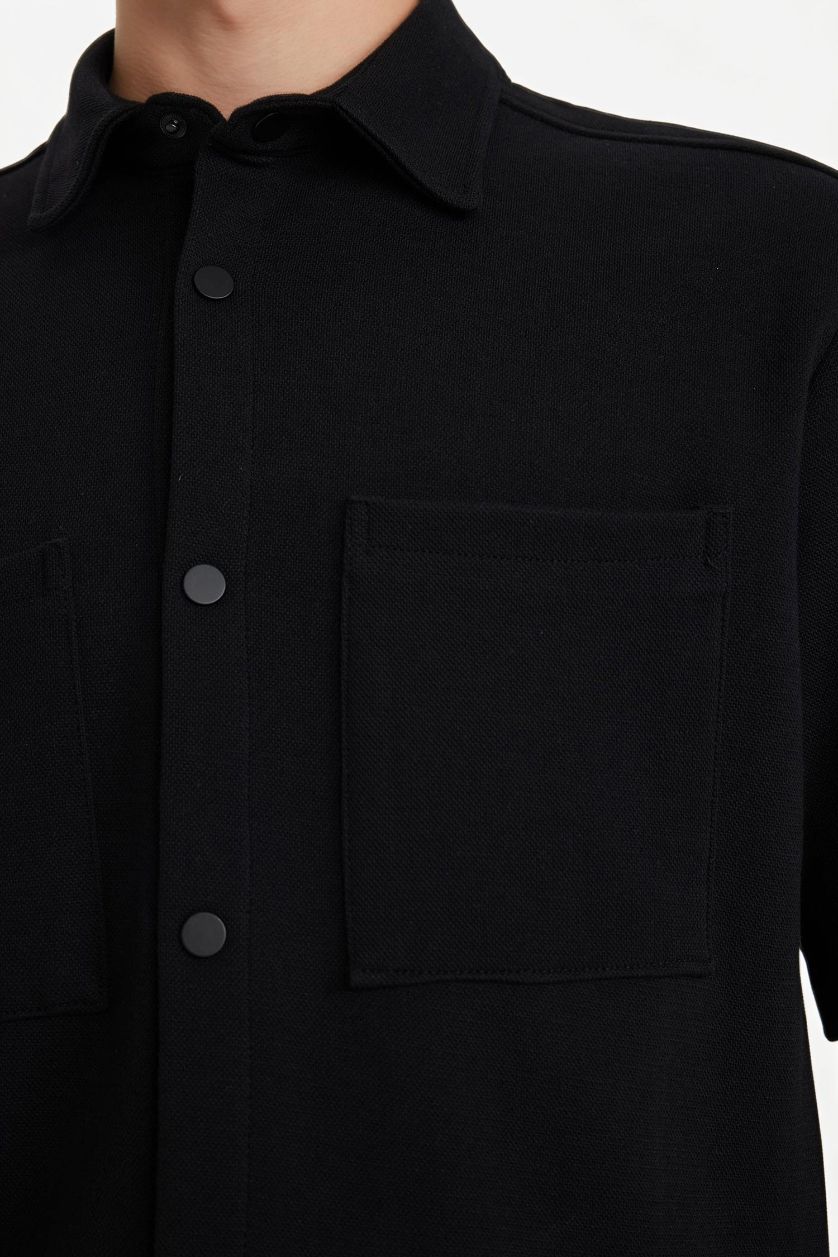 MAN Black Boxy Fit Polo Collar Pique Short Sleeve Shirt