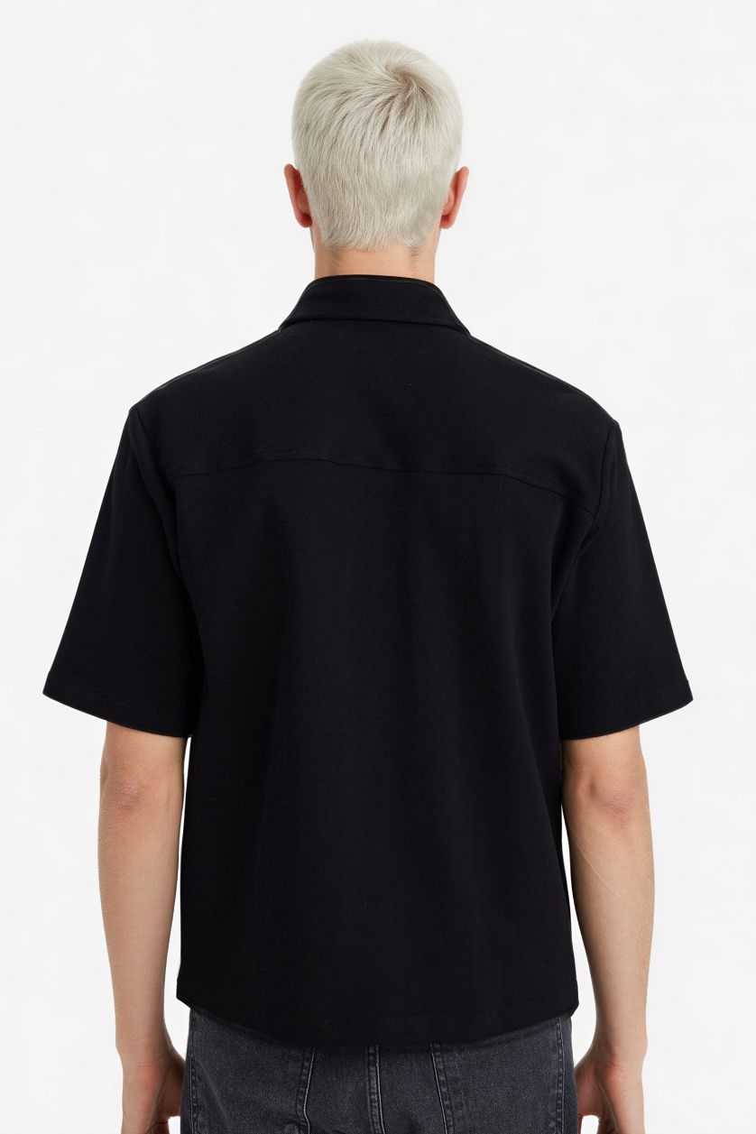 MAN Black Boxy Fit Polo Collar Pique Short Sleeve Shirt