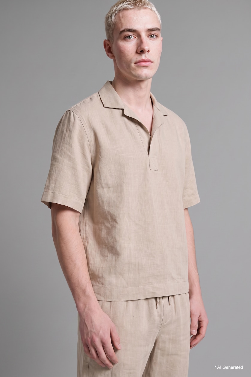 Men Sand 100% Cotton Boxy Fit Woven Polo Shirt