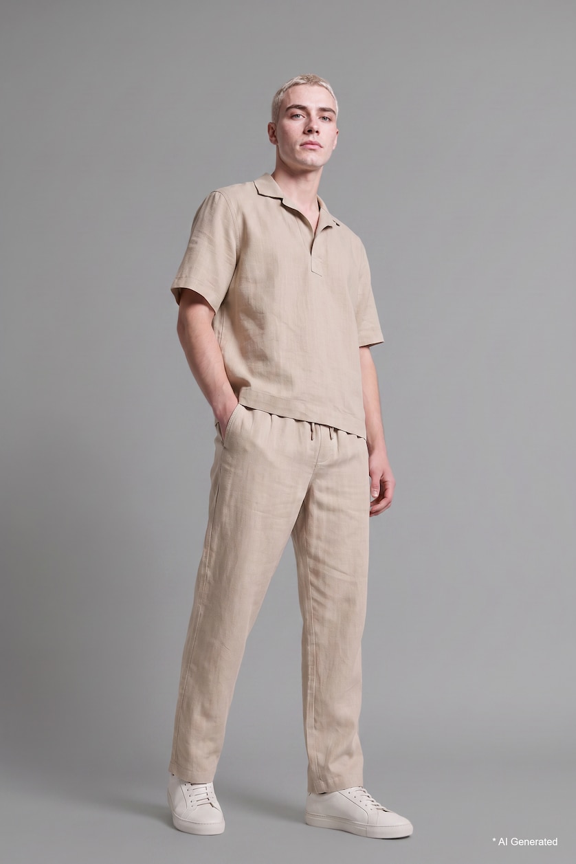 Men Sand 100% Cotton Boxy Fit Woven Polo Shirt