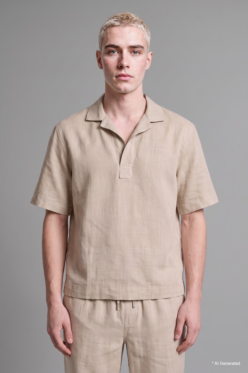 Men Sand 100% Cotton Boxy Fit Woven Polo Shirt