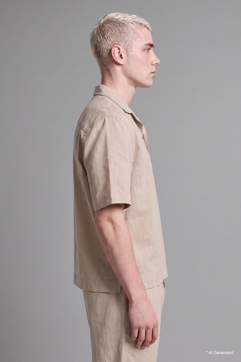Men Sand 100% Cotton Boxy Fit Woven Polo Shirt