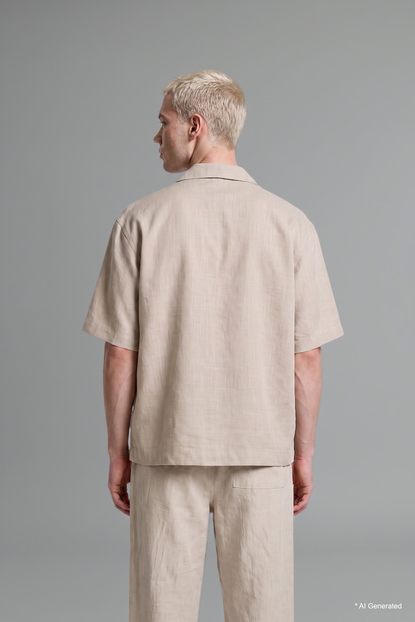 Men Sand 100% Cotton Boxy Fit Woven Polo Shirt