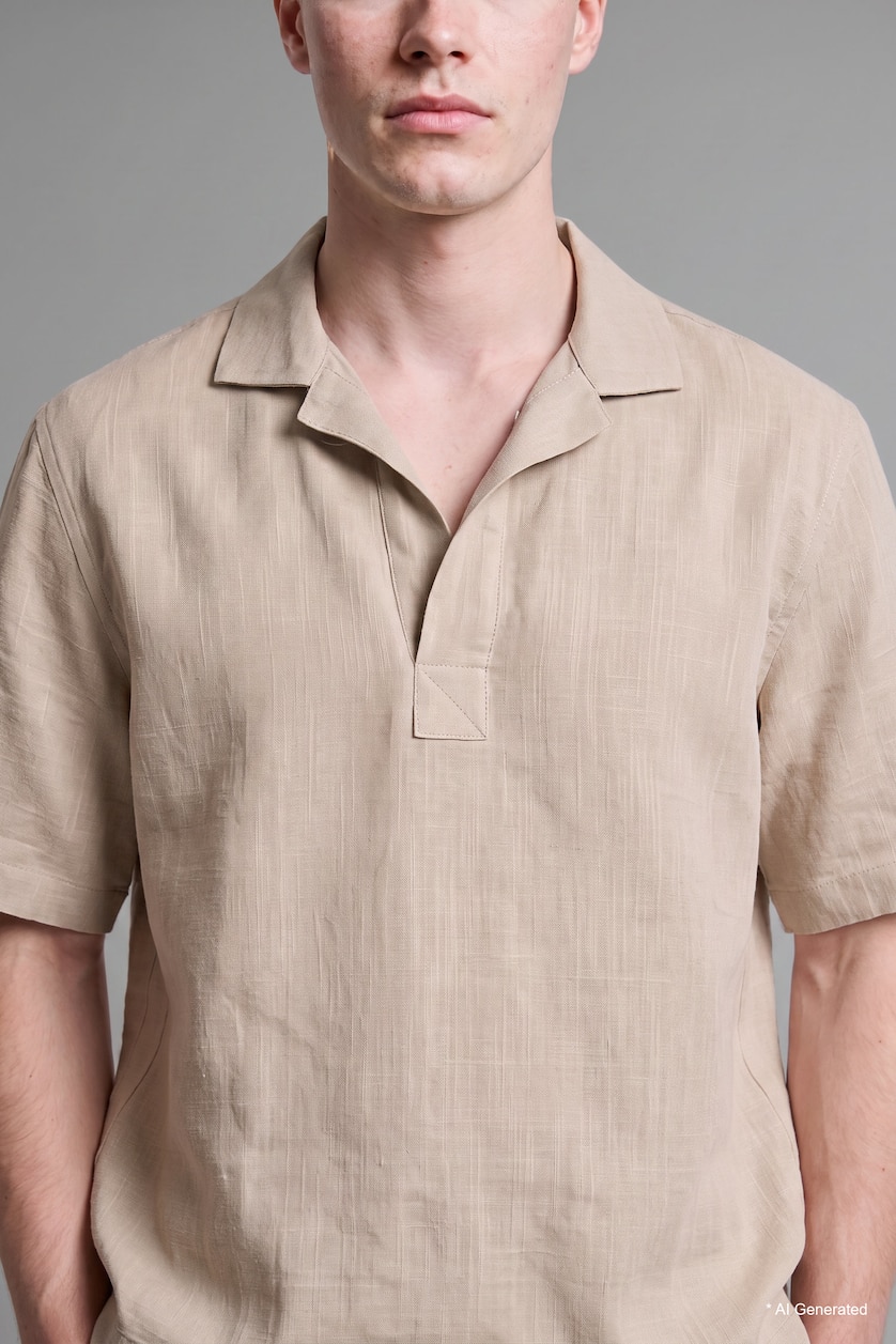 Men Sand 100% Cotton Boxy Fit Woven Polo Shirt