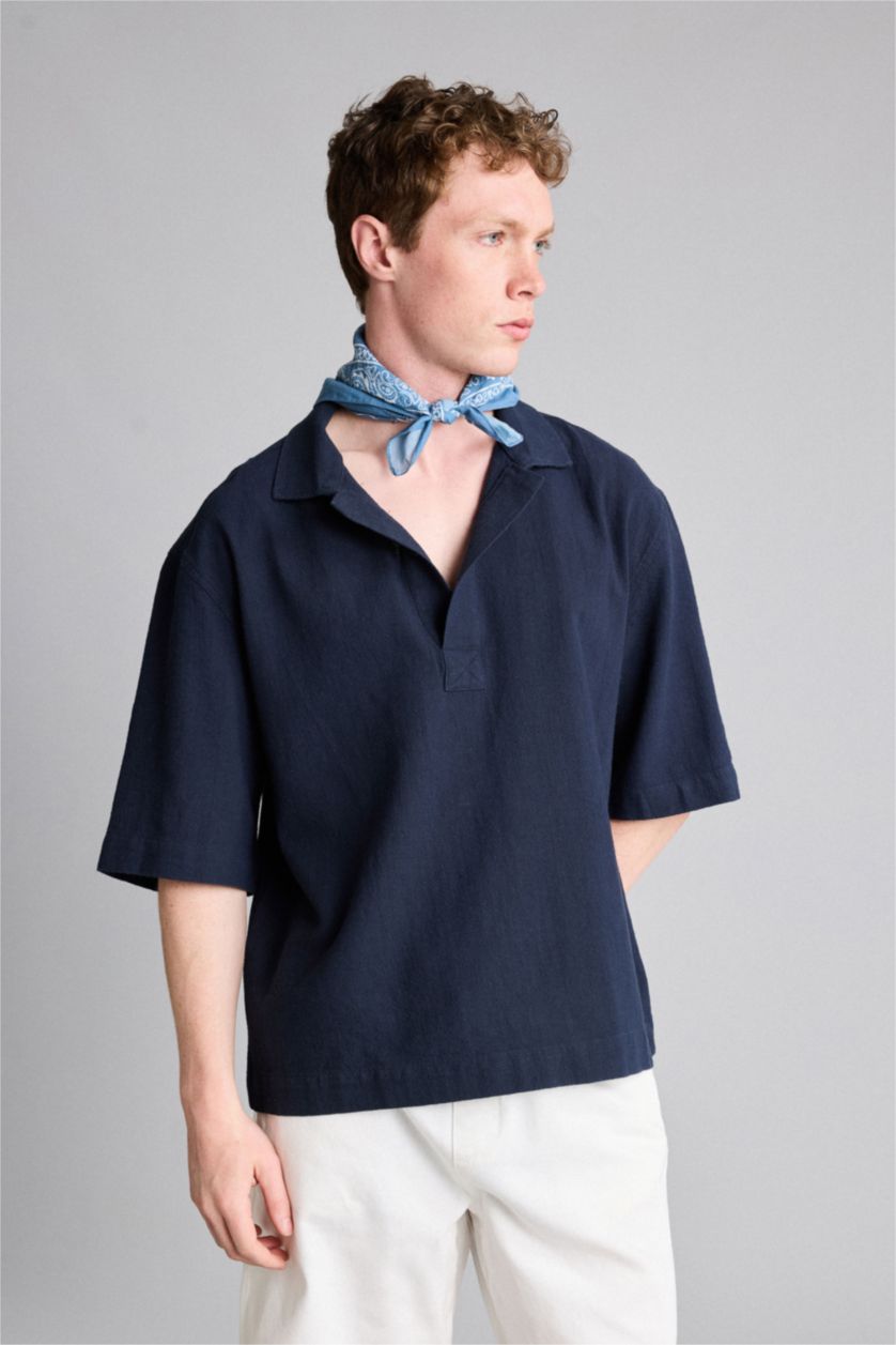 Erkek Lacivert Boxy Fit %100 Pamuk Gömlek