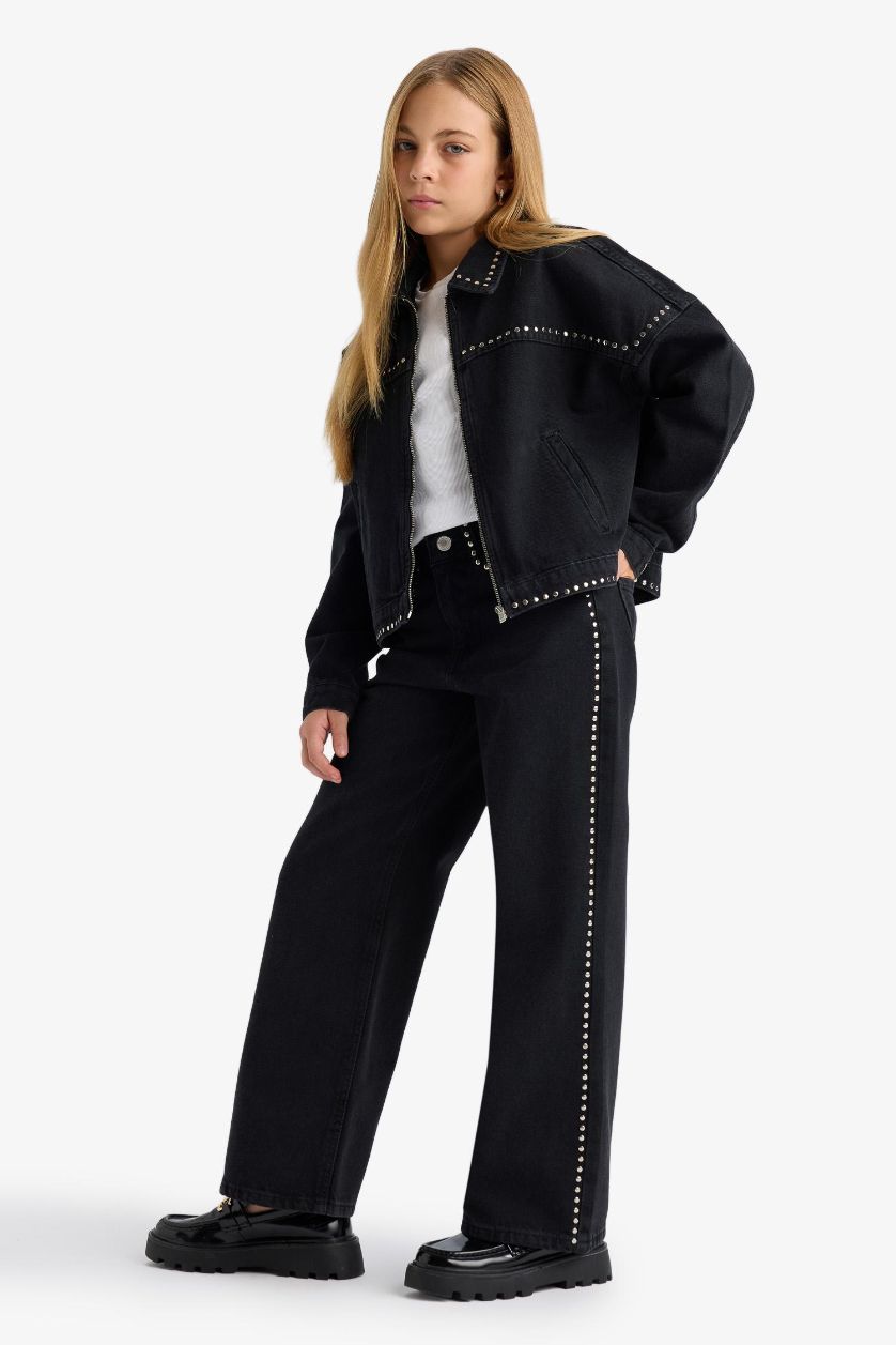 Kız Çocuk - Genç Kız Siyah Wıde Leg Geniş Paça Jean Pantolon Kız Çocuk