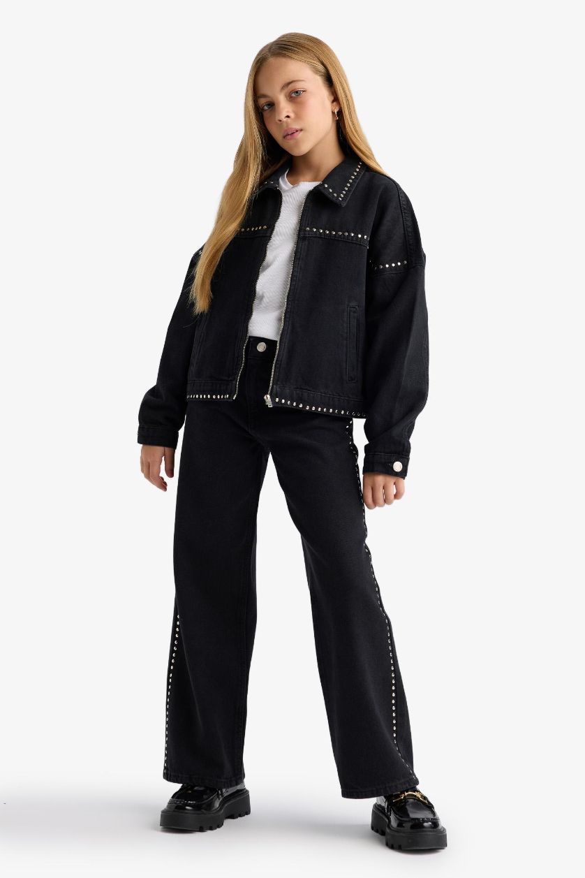 Kız Çocuk - Genç Kız Siyah Wıde Leg Geniş Paça Jean Pantolon Kız Çocuk