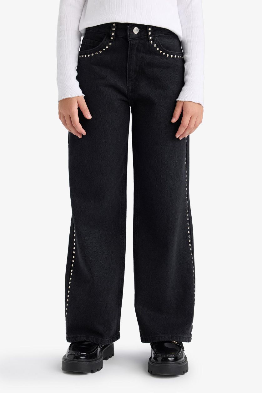 Kız Çocuk - Genç Kız Siyah Wıde Leg Geniş Paça Jean Pantolon Kız Çocuk