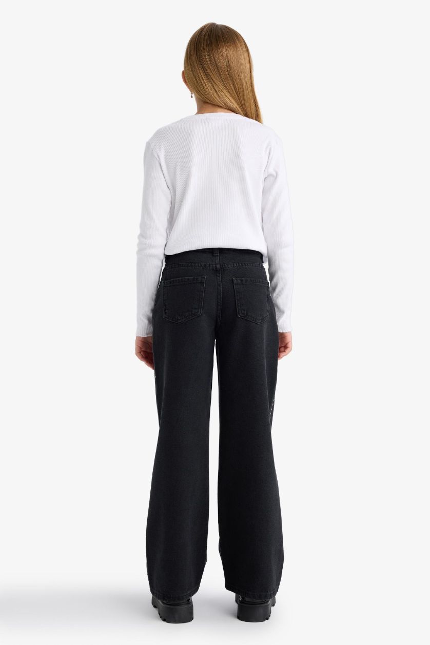 Kız Çocuk - Genç Kız Siyah Wıde Leg Geniş Paça Jean Pantolon Kız Çocuk