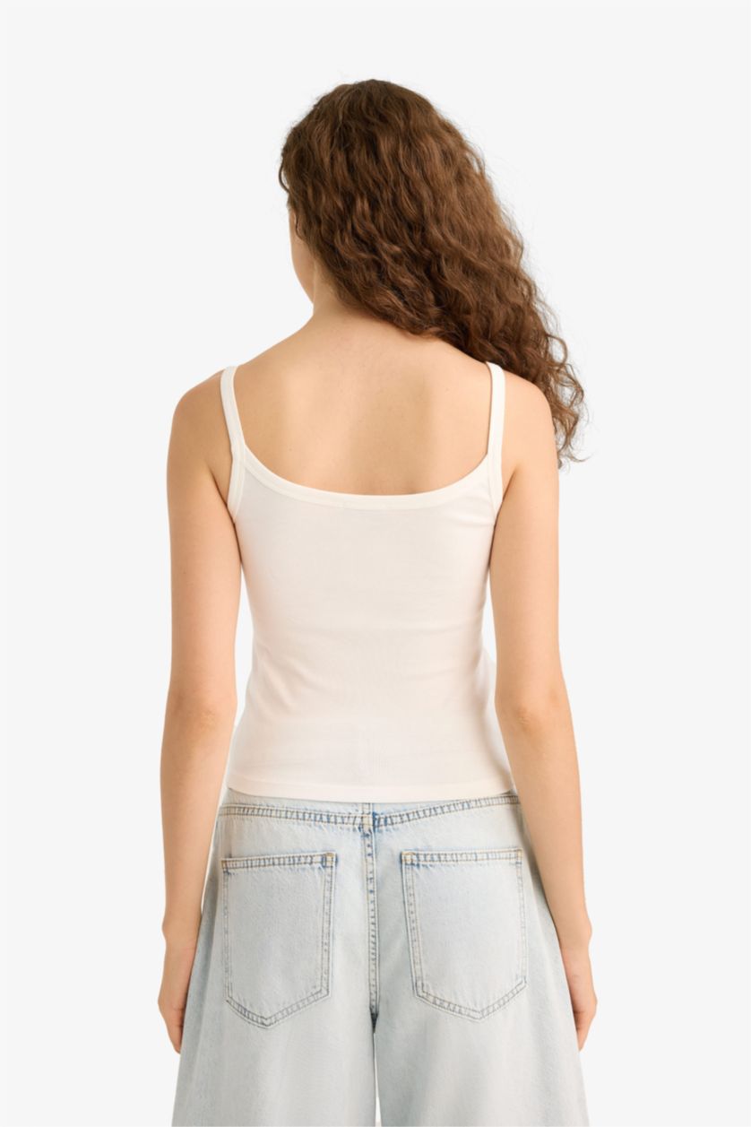 Kadın Kırık Beyaz Fıtted Baskılı Ribana Atlet