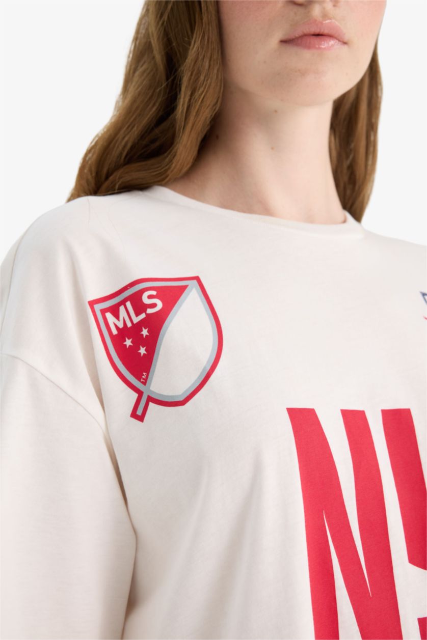 Kadın Kırık Beyaz MLS Oversize Geniş Kalıp Bisiklet Yaka Sırt Baskılı Kısa Kollu Tişört