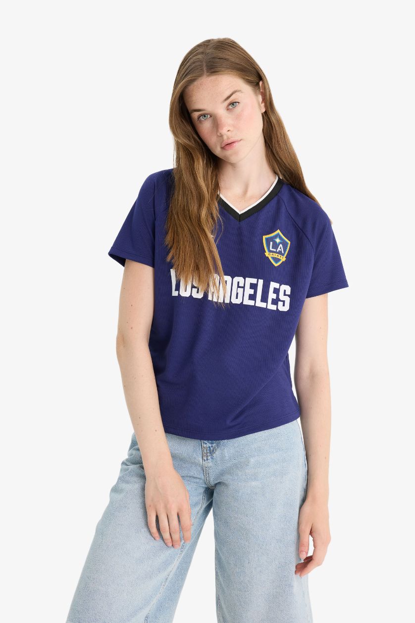 Kadın Lacivert MLS Regular Fit V Yaka Baskılı Forma Kumaşı Kısa Kollu Tişört