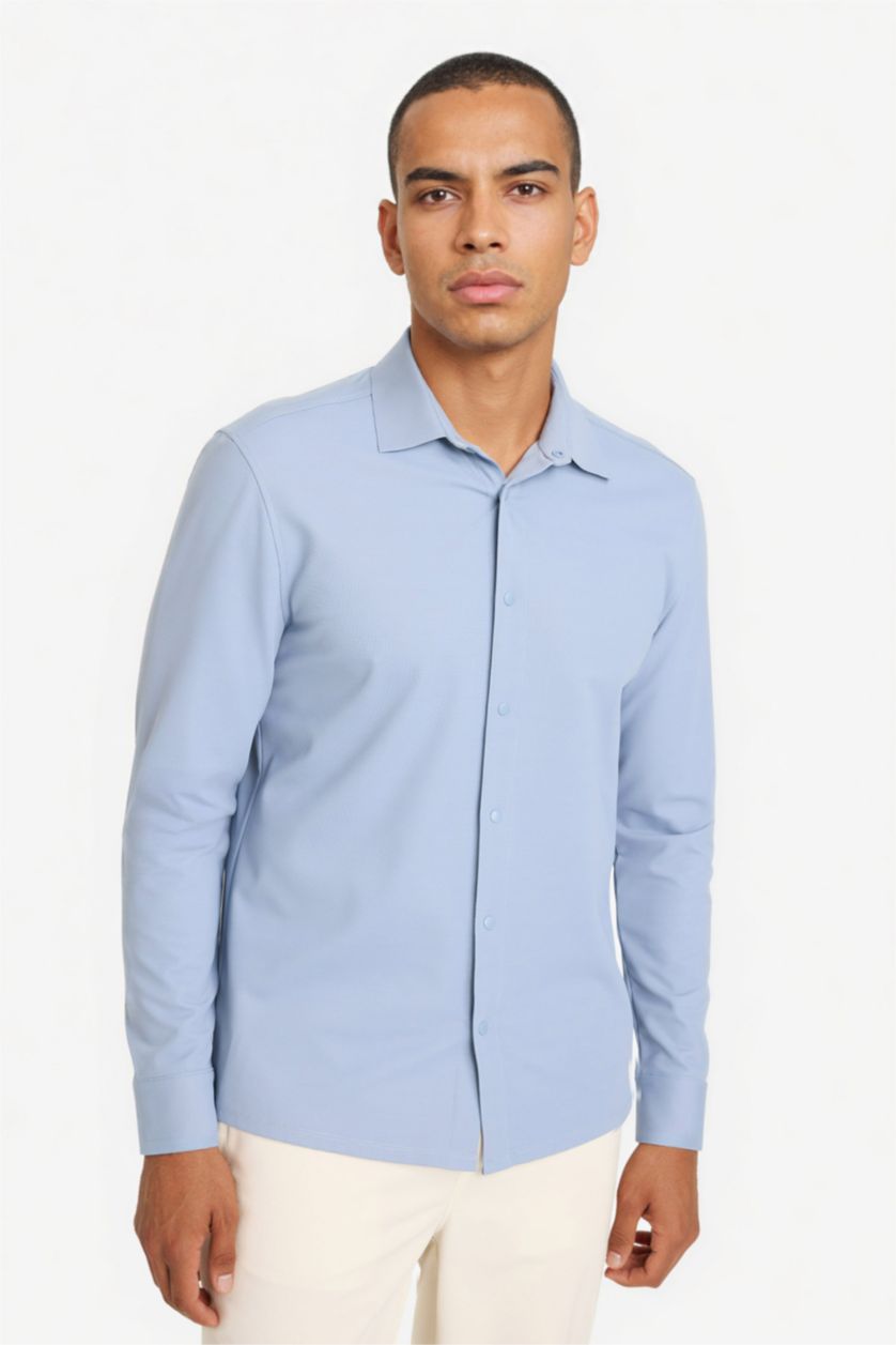 MAN DULL BLUE قميص كم طويل سليم فيت