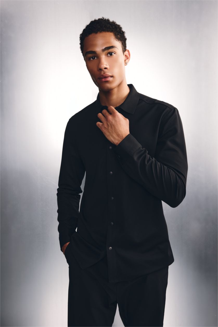 رجال أسود Slim Fit Long Sleeve Shirt