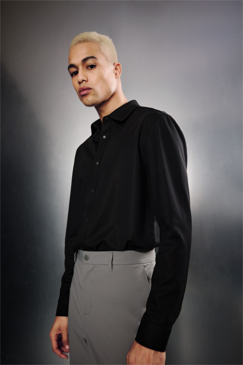 رجال أسود Slim Fit Long Sleeve Shirt