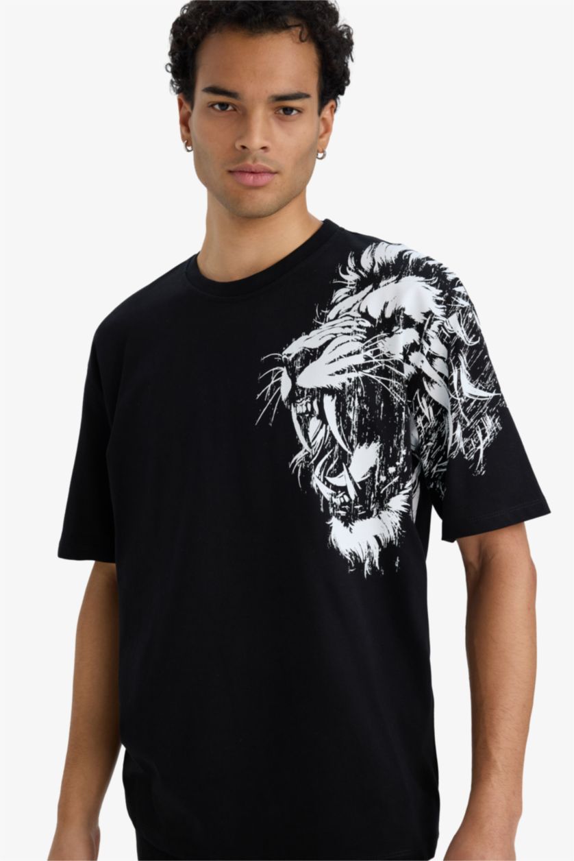 Erkek Siyah %100 Pamuk Boxy Fit Baskılı Tişört