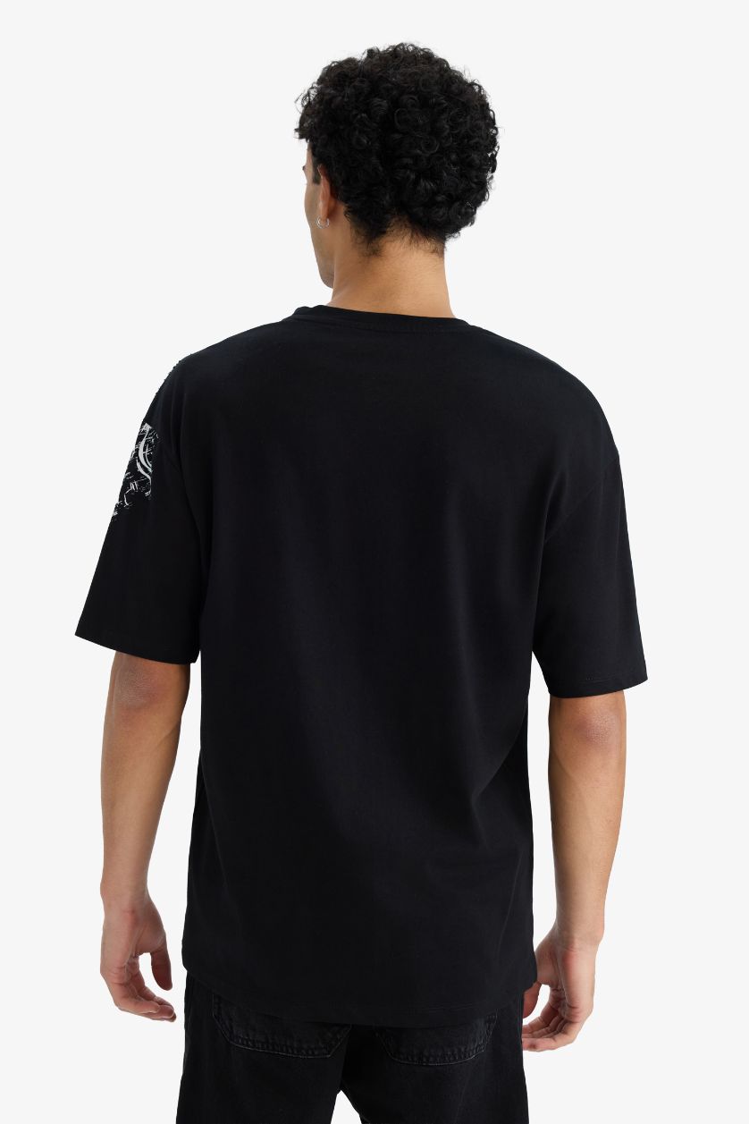 Erkek Siyah %100 Pamuk Boxy Fit Baskılı Tişört