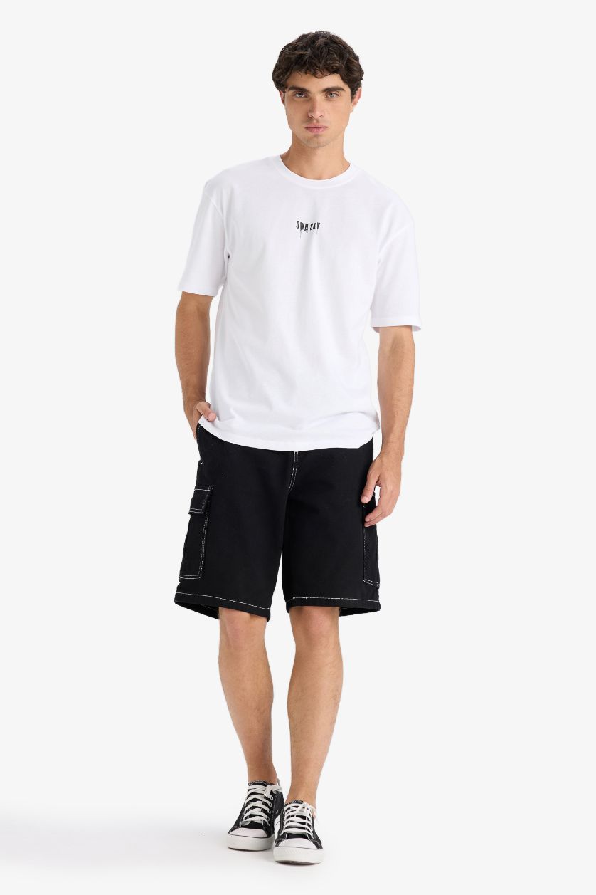 Erkek Beyaz %100 Pamuk Boxy Fit Bisiklet Yaka Sırt Baskılı Kısa Kollu Tişört