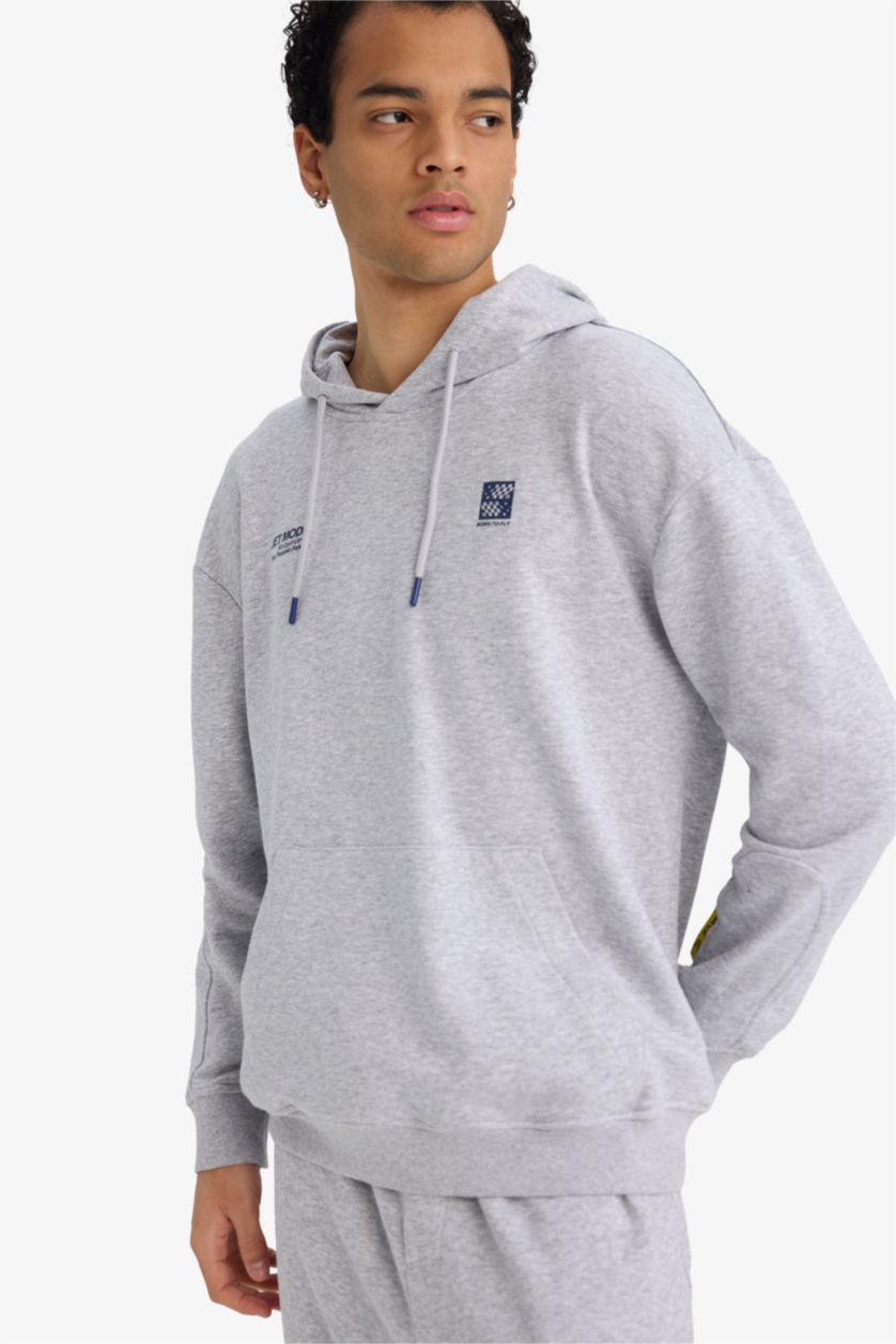 Erkek Gri Melanj Boxy Fıt Kapüşonlu Sweatshirt