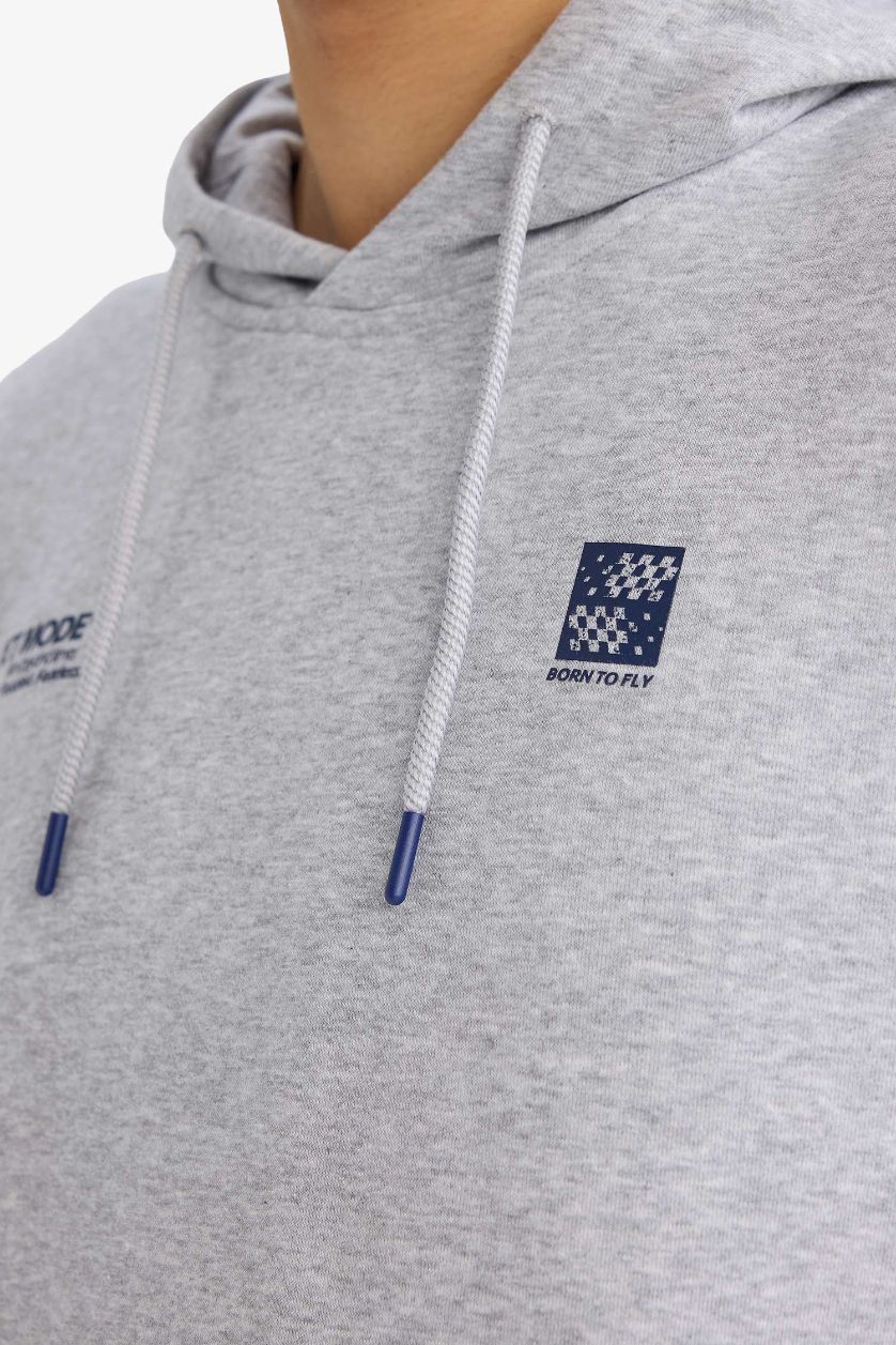 Erkek Gri Melanj Boxy Fıt Kapüşonlu Sweatshirt