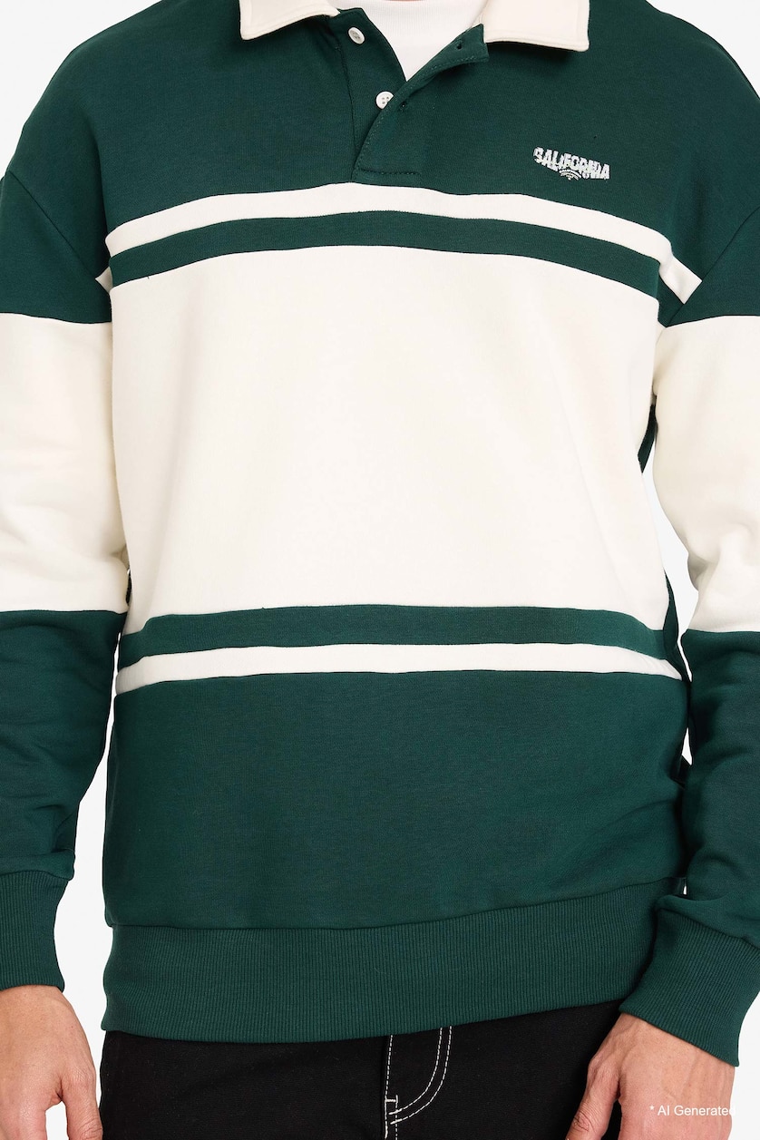 Men Dark Green Boxy Fit Cotton Polo Collar Sweatshirt