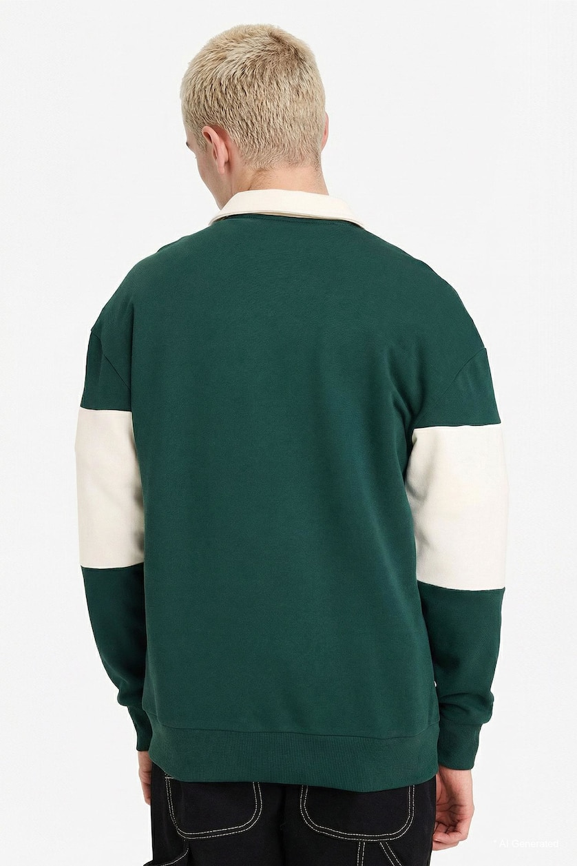 Men Dark Green Boxy Fit Cotton Polo Collar Sweatshirt