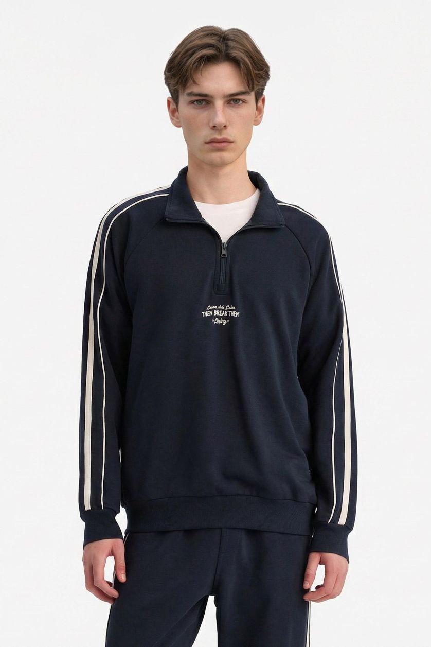 رجال كحلي سويت شيرت بطبعة شعار اوفر سايز بياخة عالية بنص سحاب