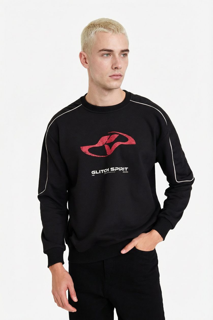 Erkek Siyah Boxy Fit Baskılı Sweatshirt