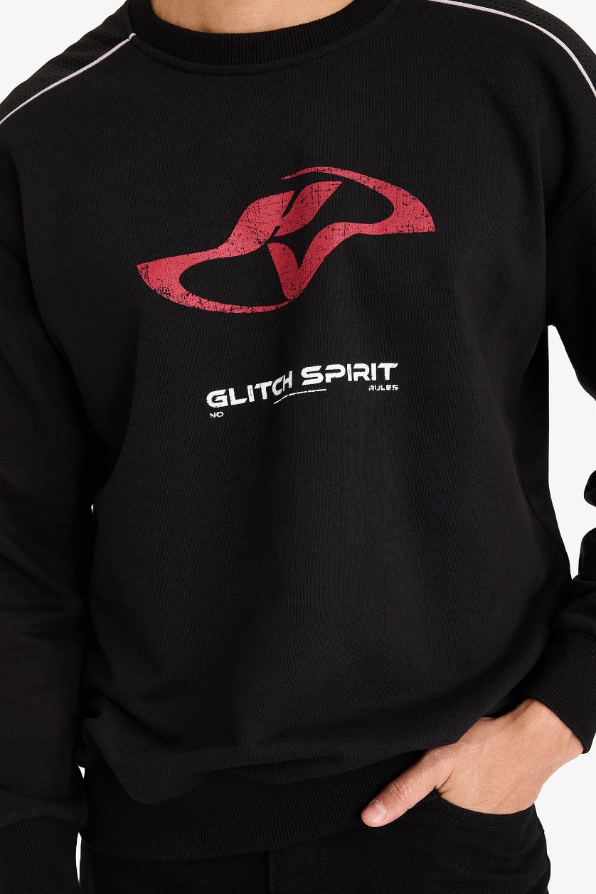 Erkek Siyah Boxy Fit Baskılı Sweatshirt