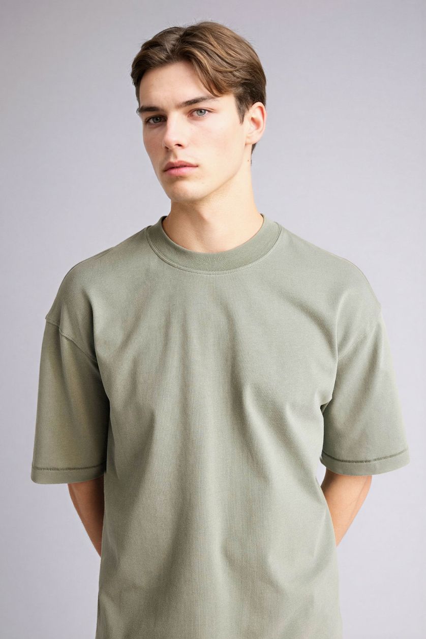 Erkek Açık Haki %100 Pamuk Boxy Fit Tişört