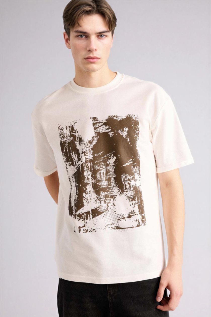 Erkek Ekru %100 Pamuk Boxy Fit Baskılı Tişört
