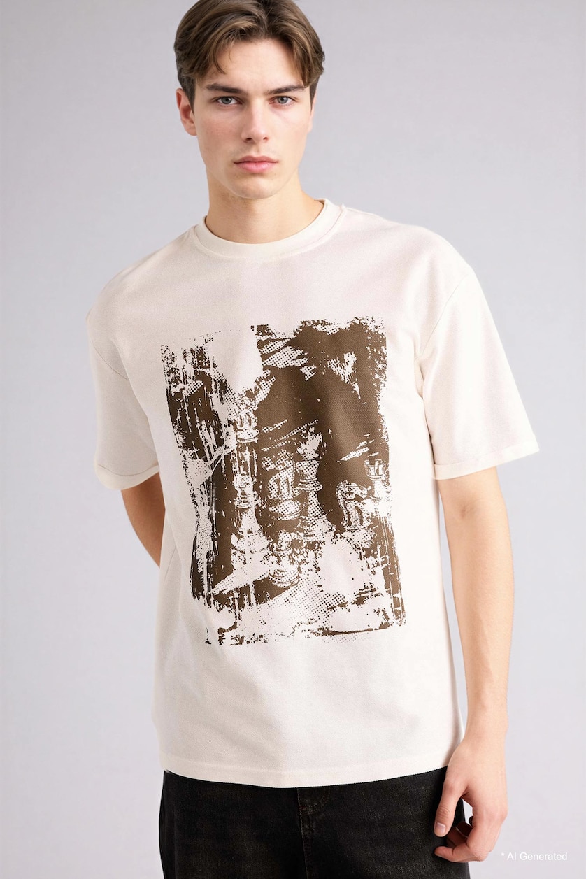 MAN Ecru Cotton Boxy Fit Printed T-Shirt