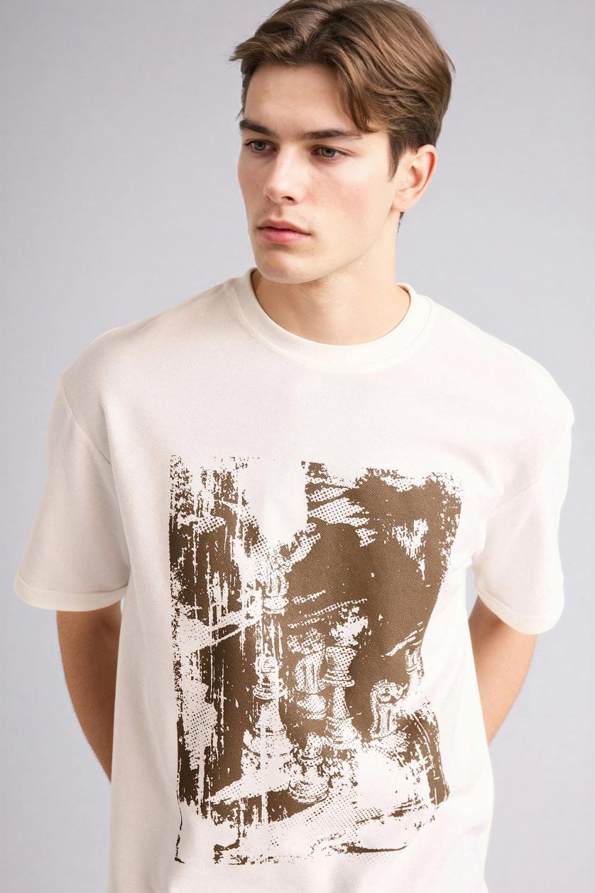 Erkek Ekru %100 Pamuk Boxy Fit Baskılı Tişört