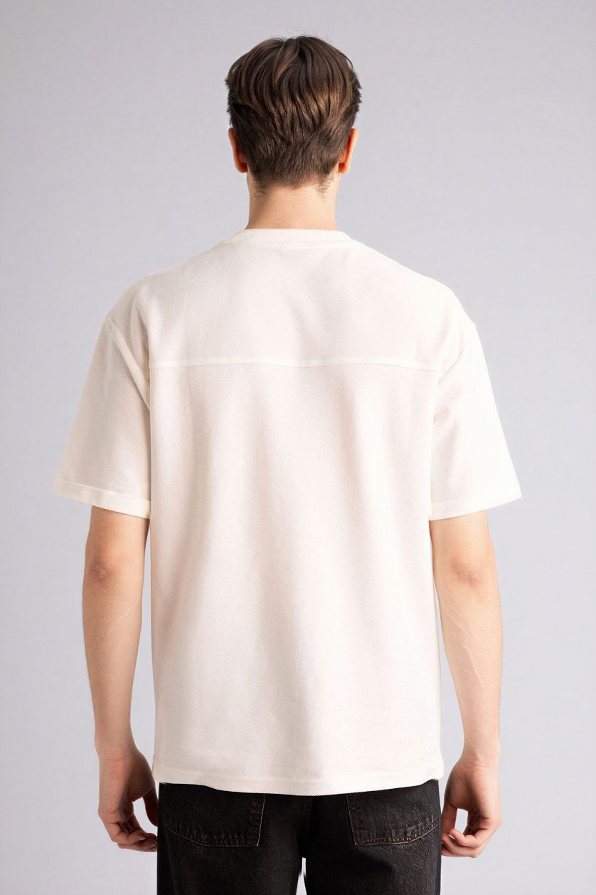 Erkek Ekru %100 Pamuk Boxy Fit Baskılı Tişört