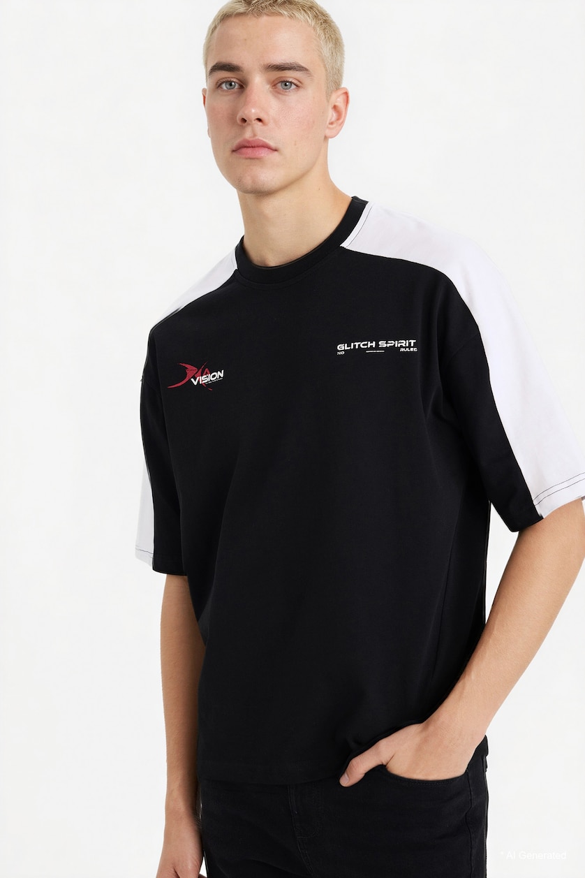 Erkek Siyah %100 Pamuk Loose Fit Baskılı Tişört