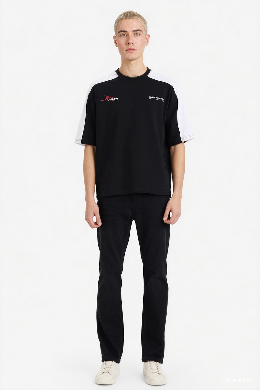 Erkek Siyah %100 Pamuk Loose Fit Baskılı Tişört