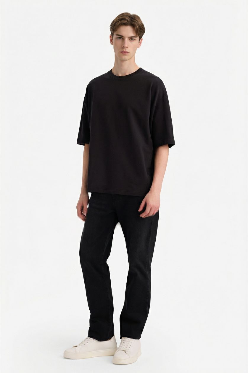 Man Black Loose Fit Crew Neck Short Sleeve T-Shirt