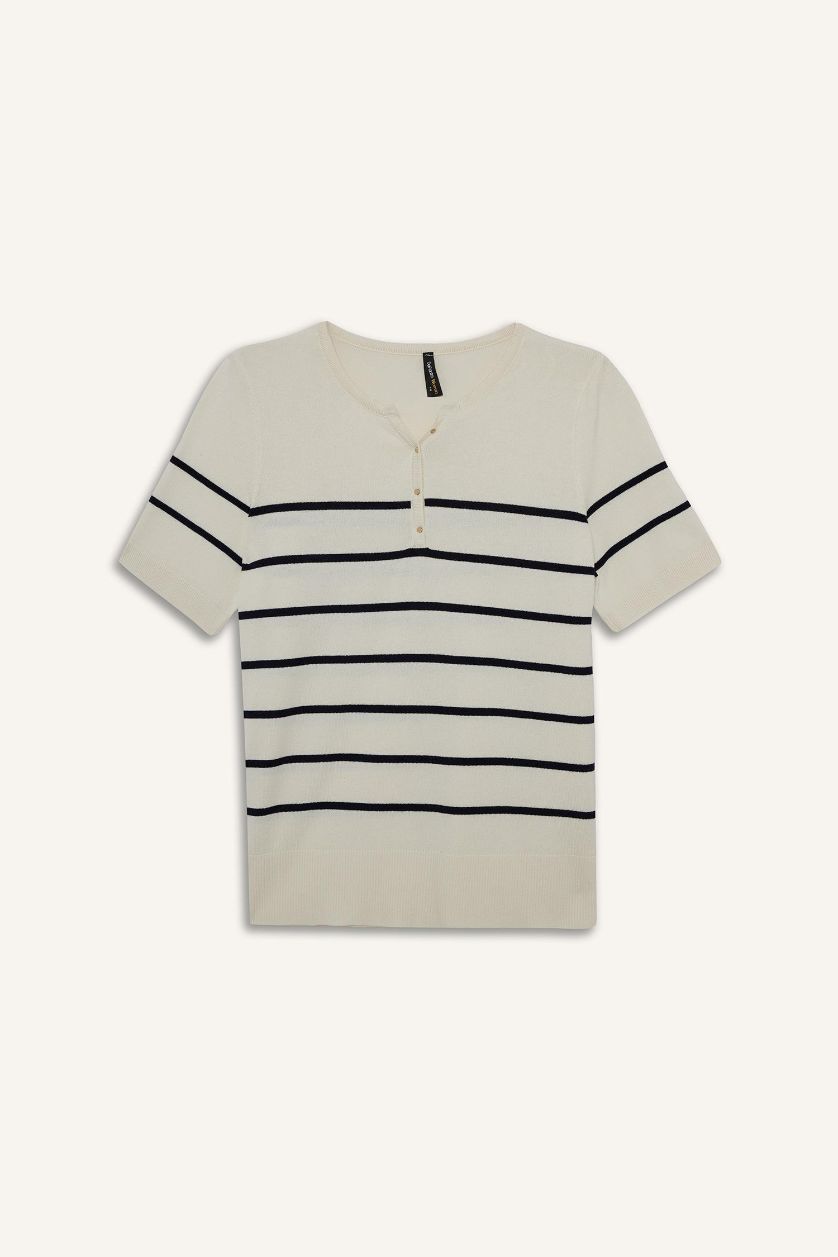 Kadın Ekru Regular Fit Bisiklet Yaka Çizgili Triko Kısa Kollu Kazak