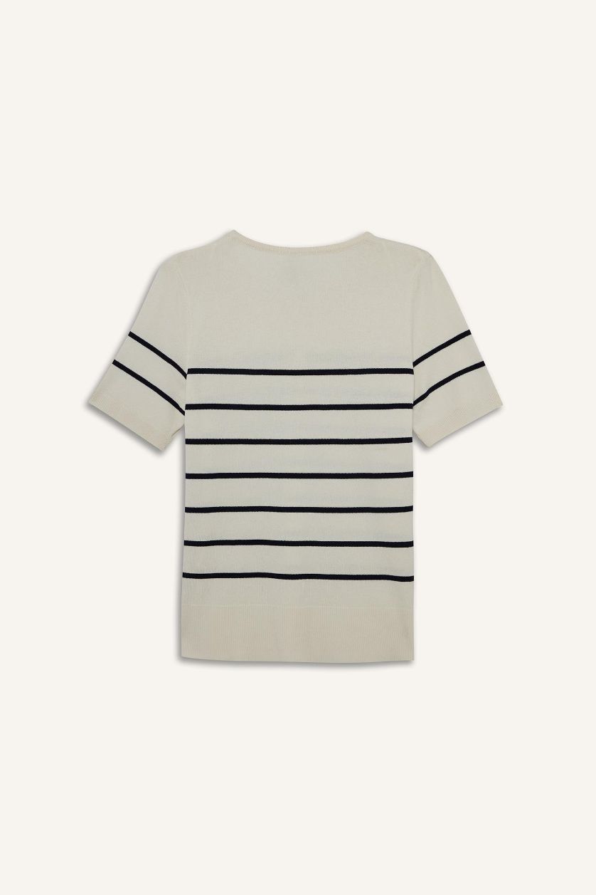 Kadın Ekru Regular Fit Bisiklet Yaka Çizgili Triko Kısa Kollu Kazak