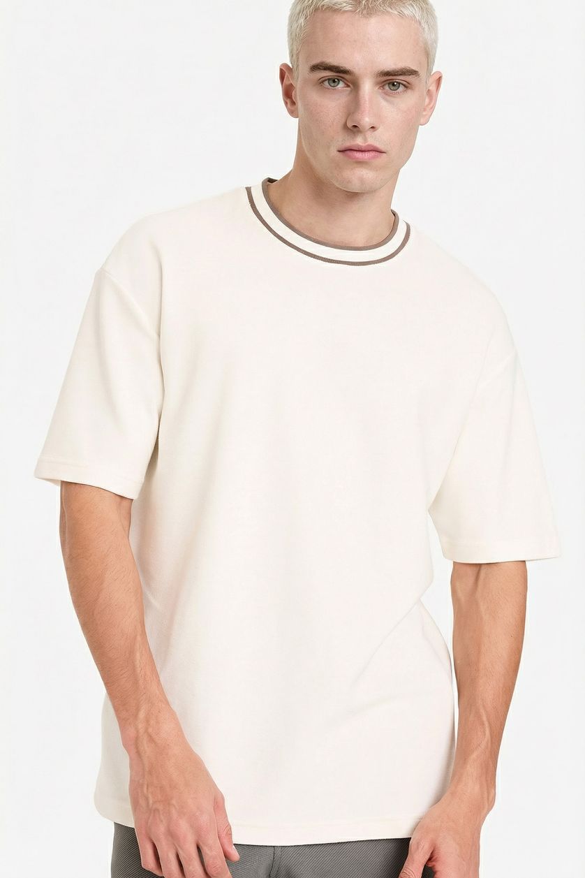 رجال بيج فاتح تيشيرت قطن نص ردن اوفر سايز بياخة مستديرة