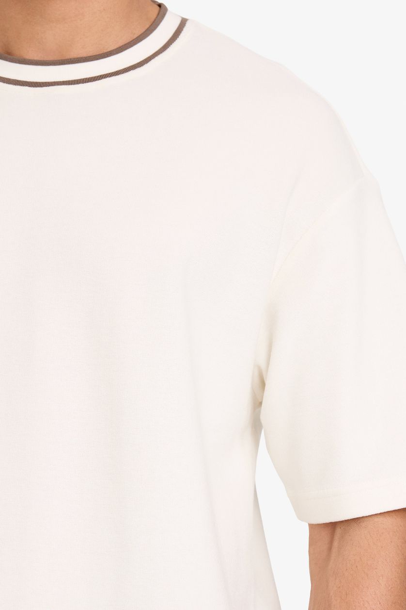 رجال بيج فاتح تيشيرت قطن نص ردن اوفر سايز بياخة مستديرة