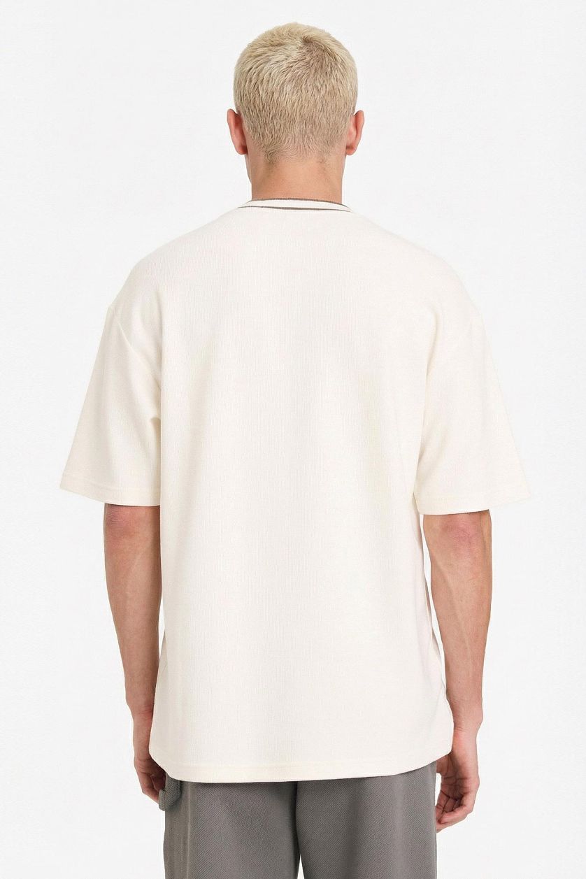 رجال بيج فاتح تيشيرت قطن نص ردن اوفر سايز بياخة مستديرة