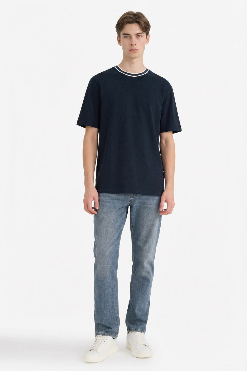 رجال كحلي تيشيرت قطن نص ردن اوفر سايز بياخة مستديرة