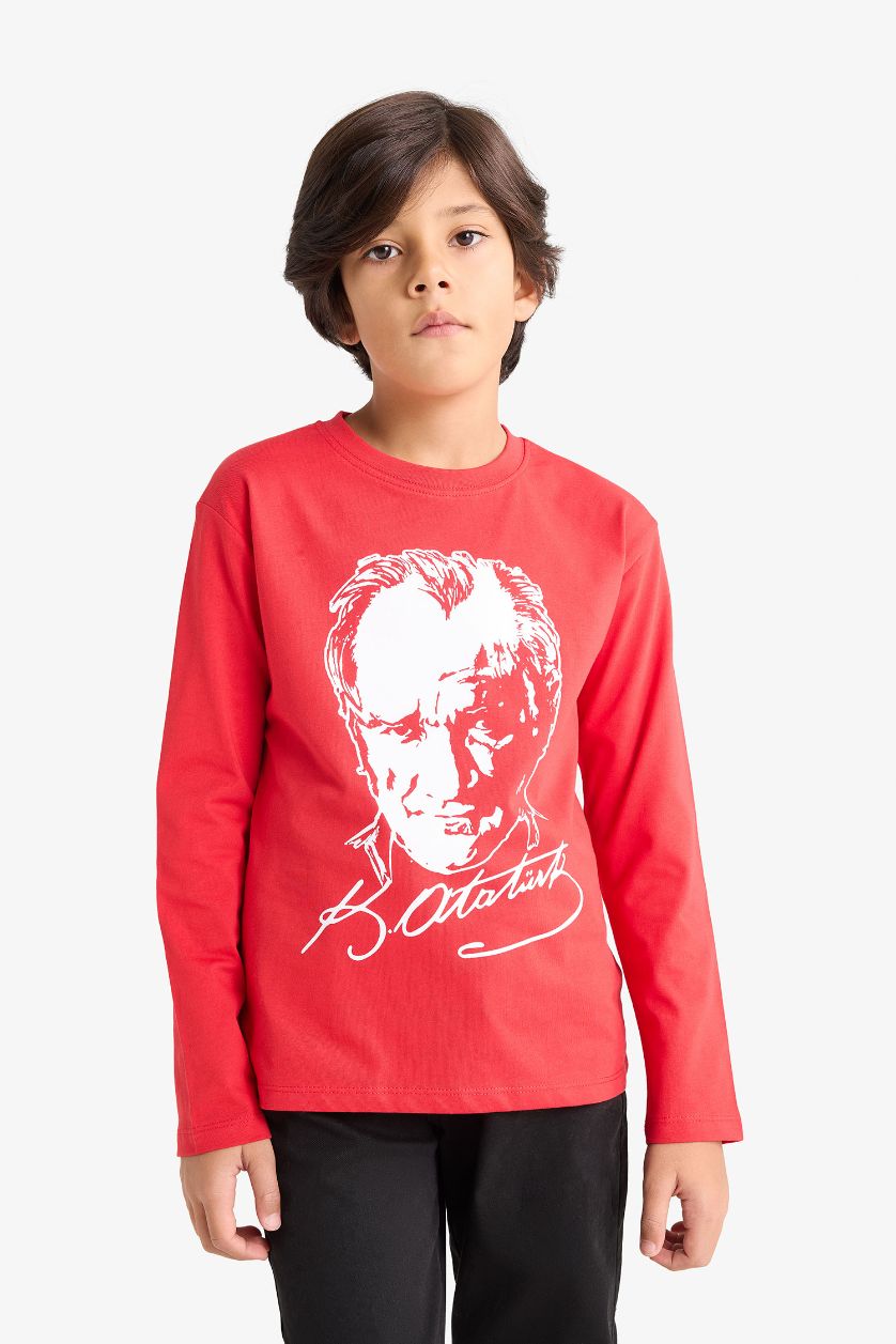 Erkek Çocuk - Genç Erkek Kırmızı Bisiklet Yaka Atatürk Baskılı Uzun Kollu Tişört Erkek Çocuk